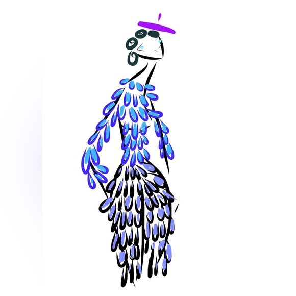 HANDCRAFTED Stylish Blue and Purple Feather Dress on a digital sketch by me NWT - Picture 1 of 9